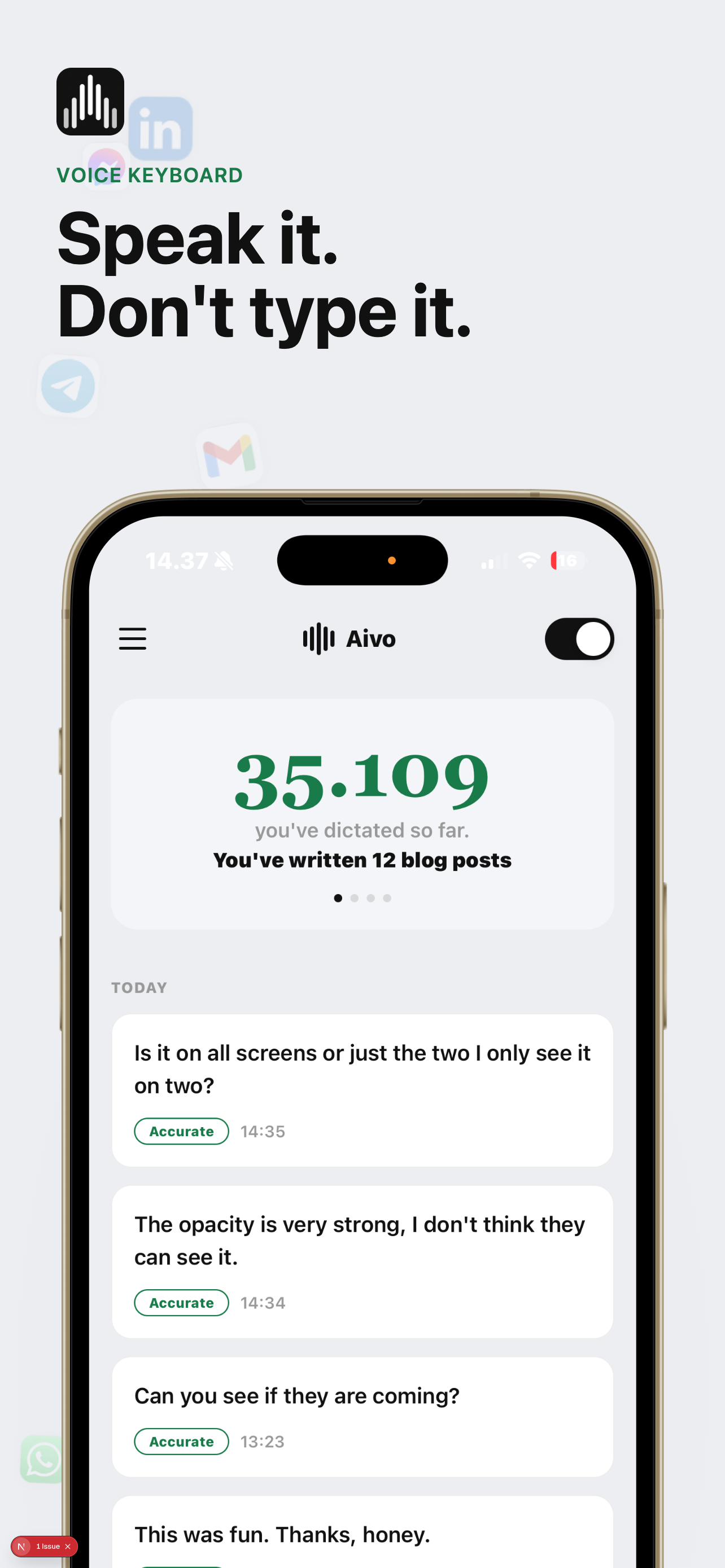 Aivo voice keyboard app on iPhone showing dictation results and word count